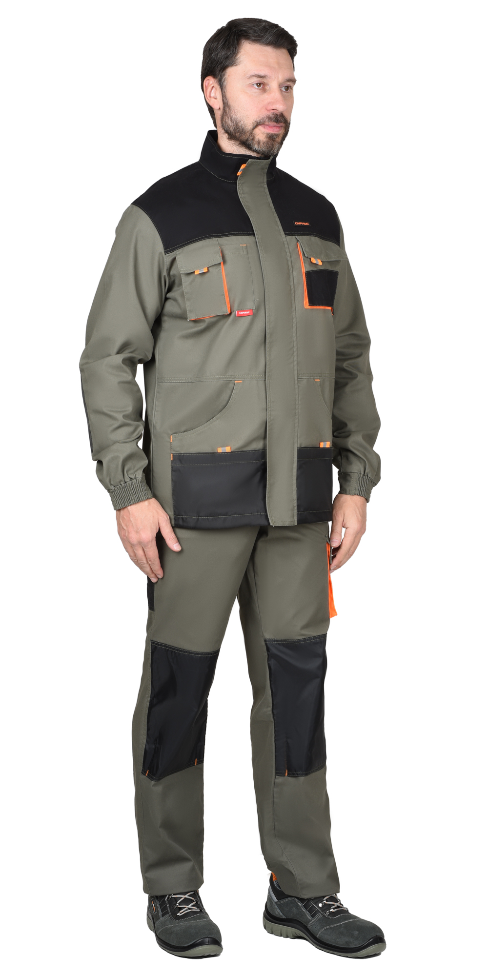 Костюм СИРИУС-МАНХЕТТЕН куртка дл., п/к олив. с оранж. и чер. тк. мех. стрейч 260 г/кв.м Костюм СИРИУС-МАНХЕТТЕН куртка дл., п/к олив. с оранж. и чер. тк. мех. стрейч 260 г/кв.м