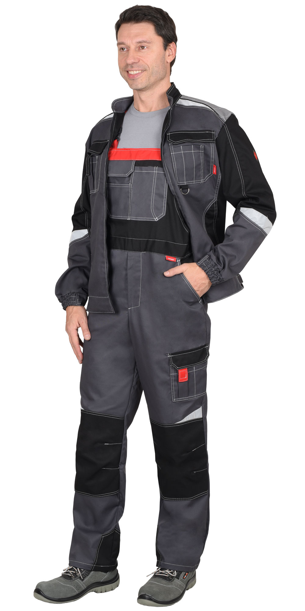 Костюм СИРИУС-ФАВОРИТ-МЕГА мужской летний, куртка и полукомбинезон, серый с черным, СОП Костюм СИРИУС-ФАВОРИТ-МЕГА мужской летний, куртка и полукомбинезон, серый с черным, СОП
