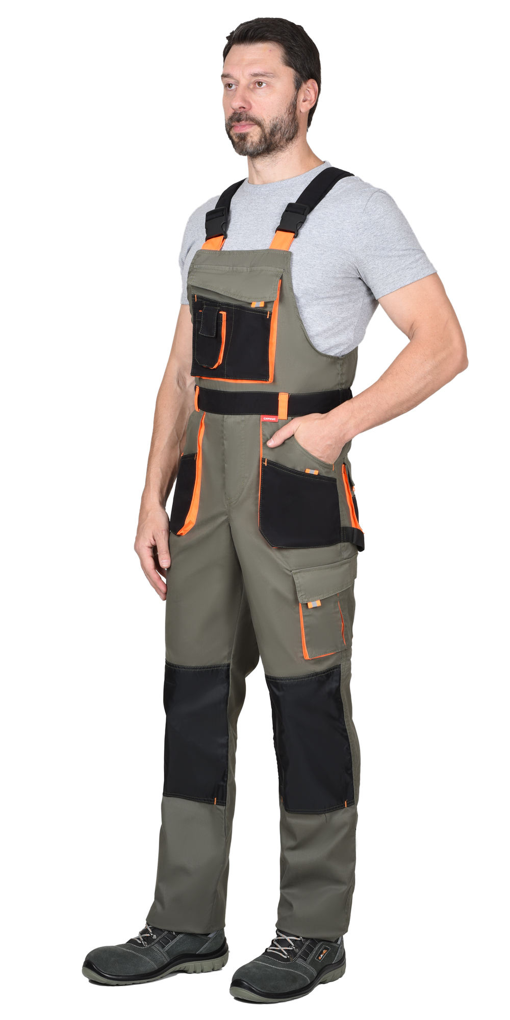 Костюм СИРИУС-МАНХЕТТЕН куртка дл., п/к олив. с оранж. и чер. тк. мех. стрейч 260 г/кв.м Костюм СИРИУС-МАНХЕТТЕН куртка дл., п/к олив. с оранж. и чер. тк. мех. стрейч 260 г/кв.м