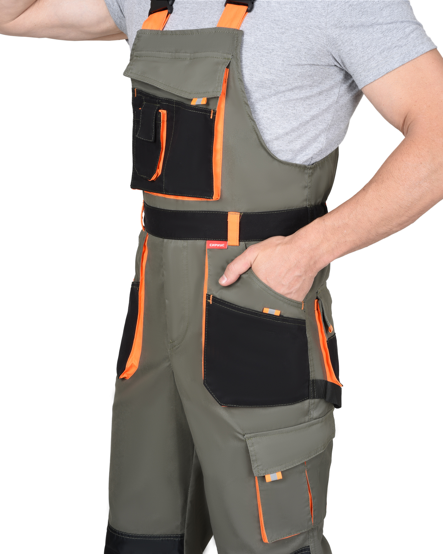 Костюм СИРИУС-МАНХЕТТЕН куртка дл., п/к олив. с оранж. и чер. тк. мех. стрейч 260 г/кв.м Костюм СИРИУС-МАНХЕТТЕН куртка дл., п/к олив. с оранж. и чер. тк. мех. стрейч 260 г/кв.м